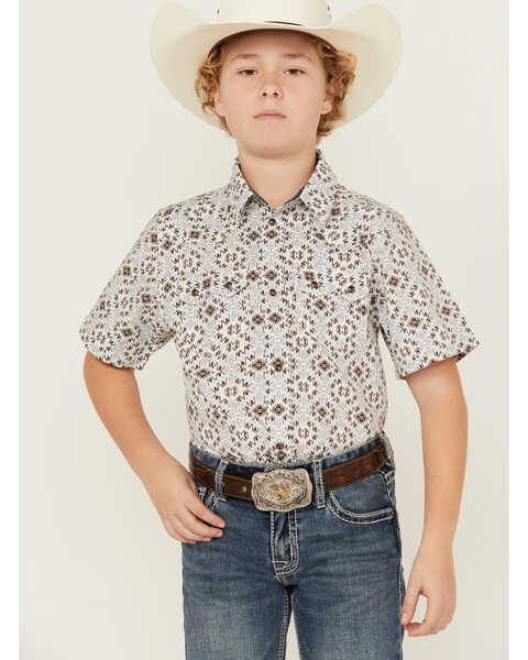 Cody James Boys' High Plains Southwestern Print Short Sleeve Snap Western Shirt , Light Blue, hi-res