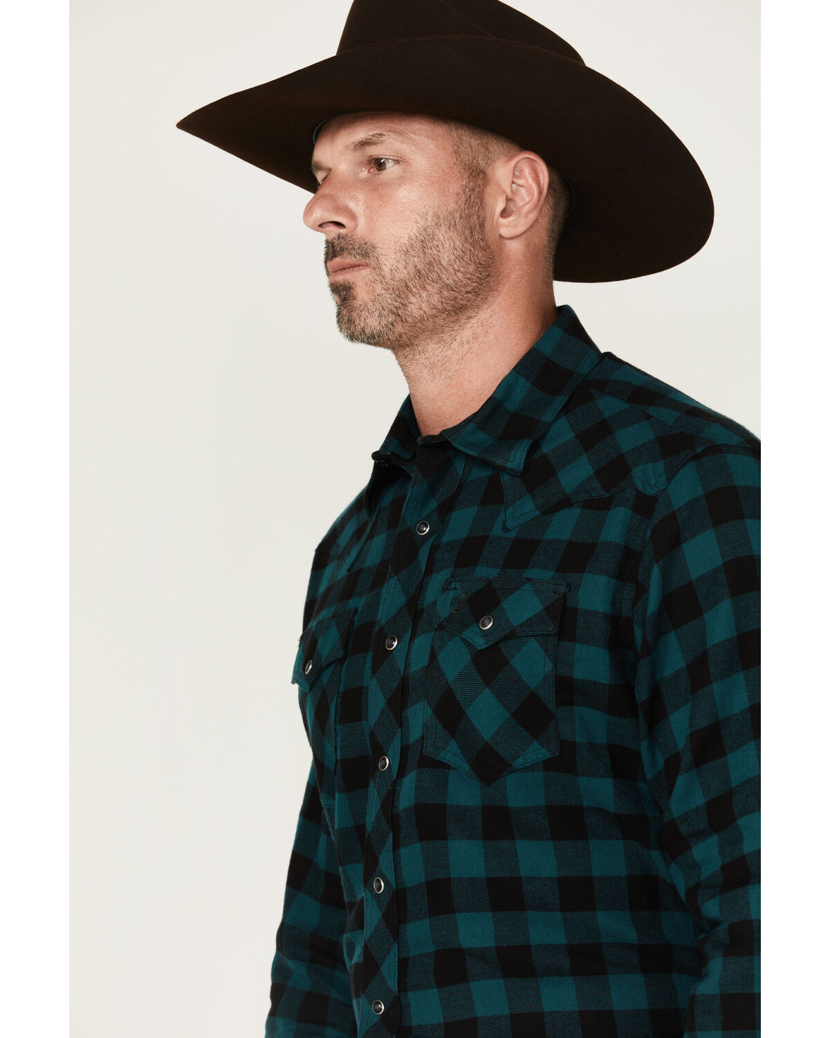 Image #2 - Wrangler Retro Men's Checkered Print Long Sleeve Snap Flannel Shirt, Dark Teal, hi-res