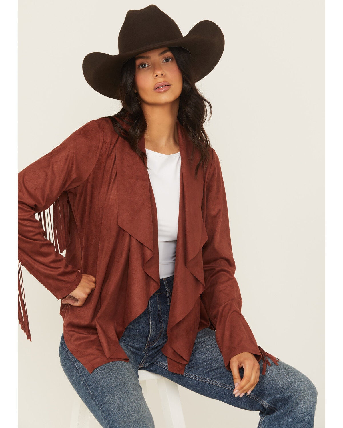Shyanne Women's Cascade Front Faux Suede Fringe Jacket, Mahogany, hi-res