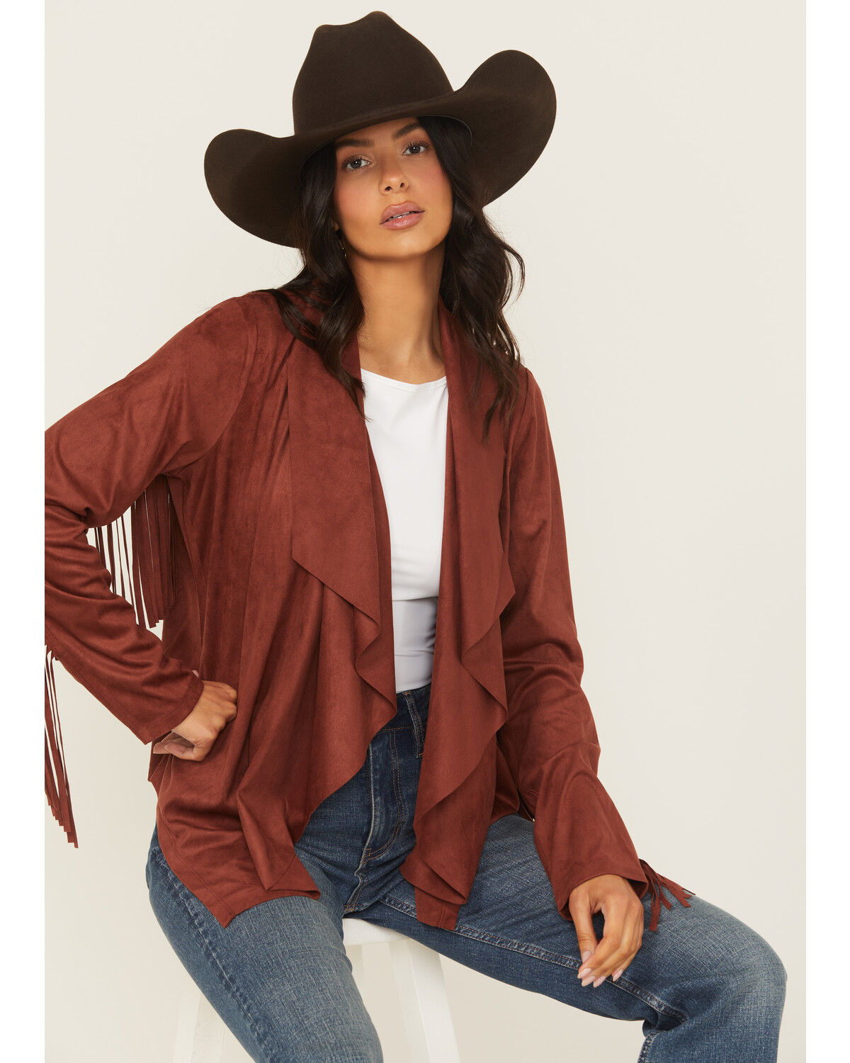 Image #1 - Shyanne Women's Cascade Front Faux Suede Fringe Jacket, Mahogany, hi-res
