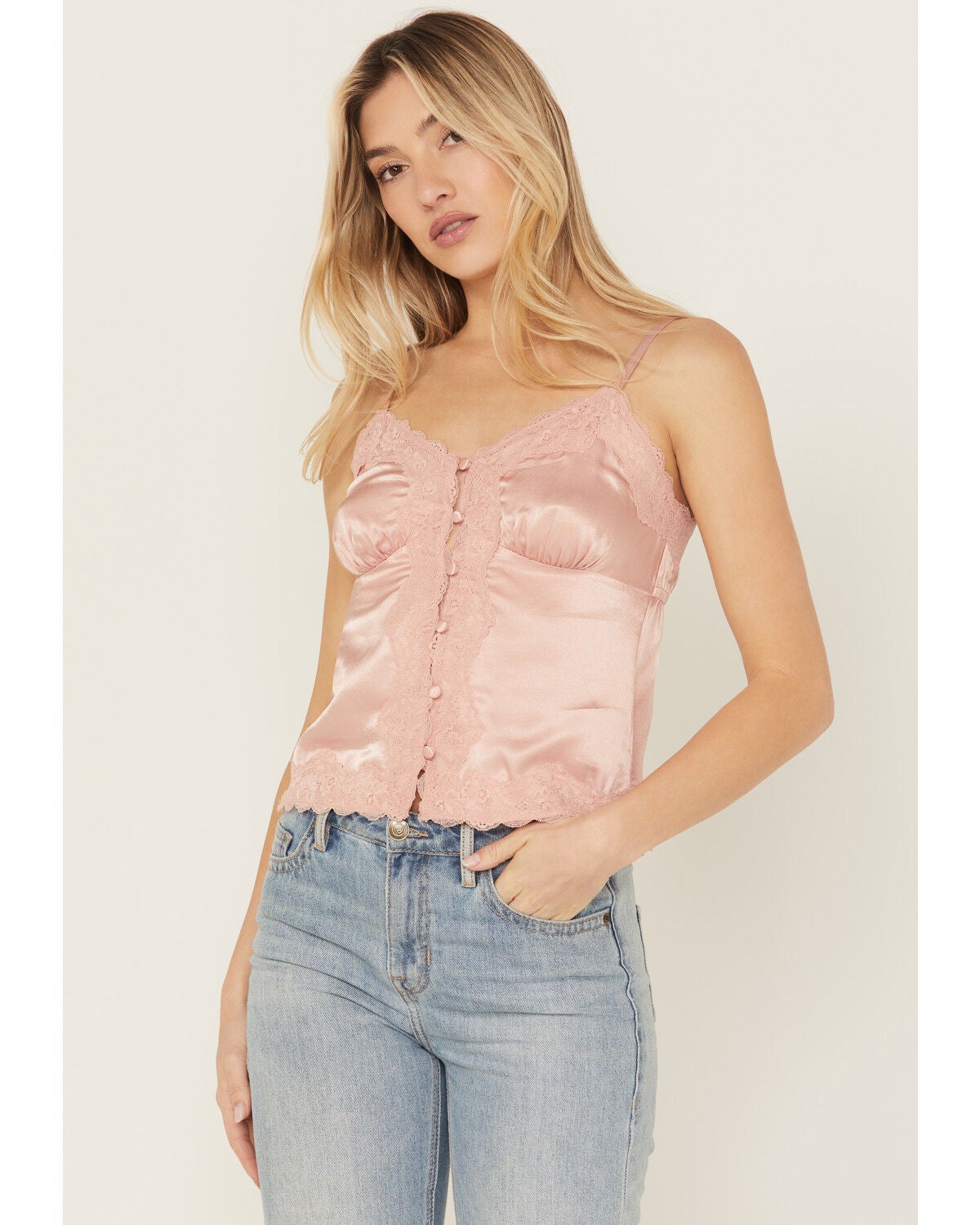Shyanne Women's Lace Trim Satin Cami, Light Pink, hi-res