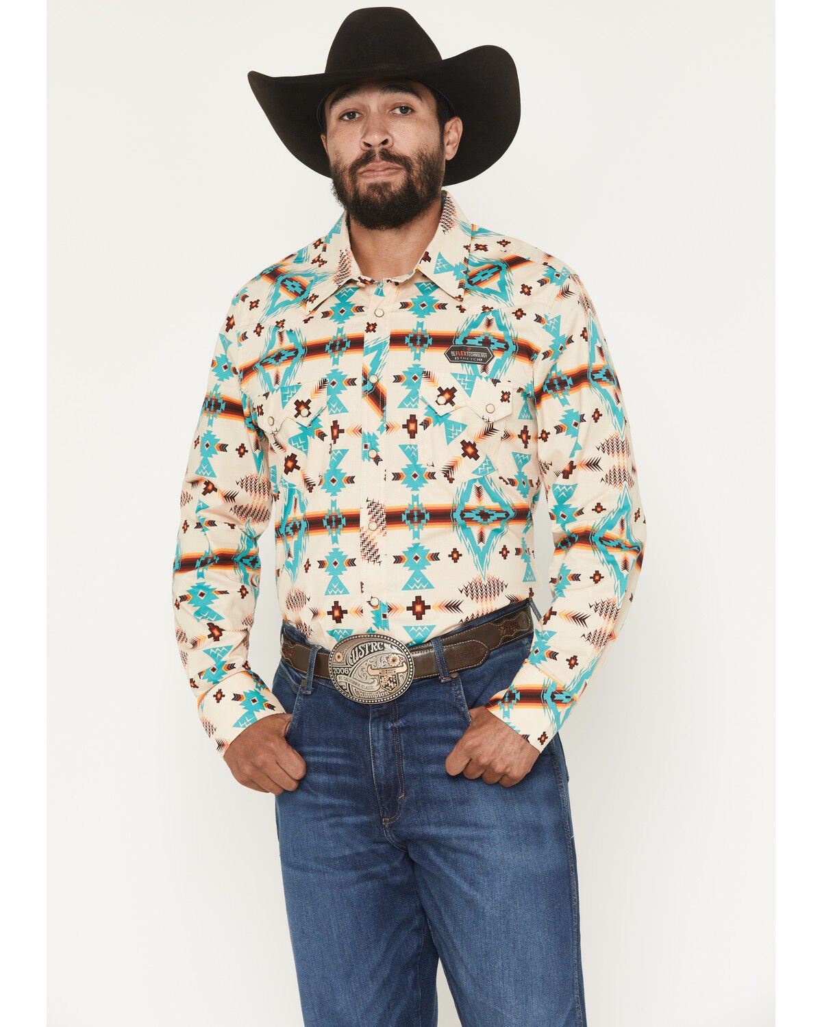 Rock & Roll Denim Men's Southwestern Striped Print Long Sleeve Snap Stretch Western Shirt, Natural, hi-res