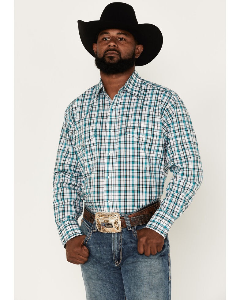 Wrangler Men's Plaid Print Long Sleeve Snap Western Shirt, White, hi-res