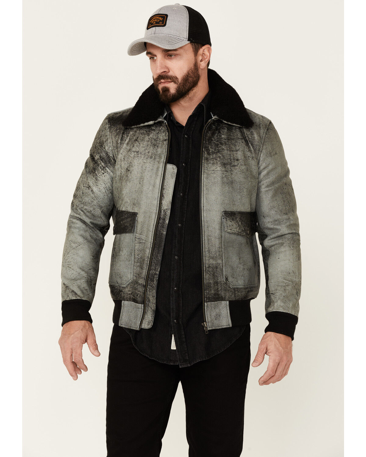Image #1 - Understated Leather Men's Spirit Distressed Cowhide Zip-Front Leather Bomber Jacket, Distressed Black, hi-res