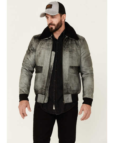 Understated Leather Men's Spirit Distressed Cowhide Zip-Front Leather Bomber Jacket , Distressed Black, hi-res