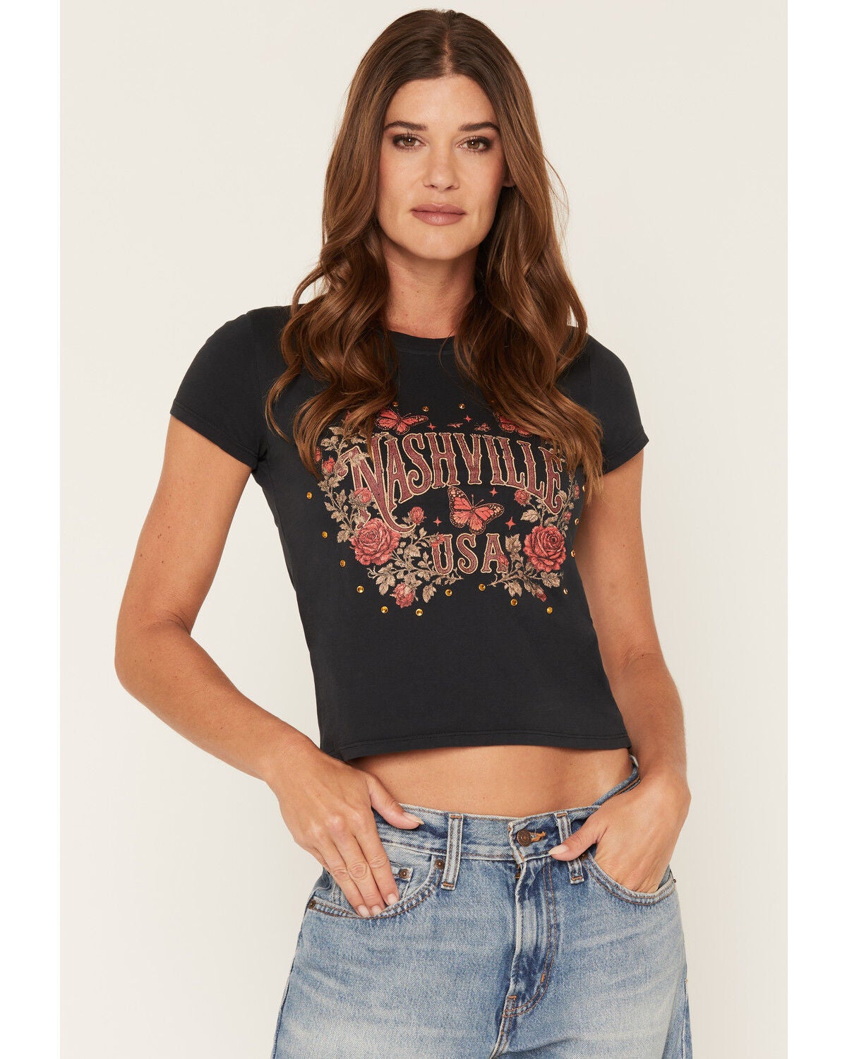 Image #1 - Blue Life Women's Nashville USA Short Sleeve Graphic Tee, Black, hi-res