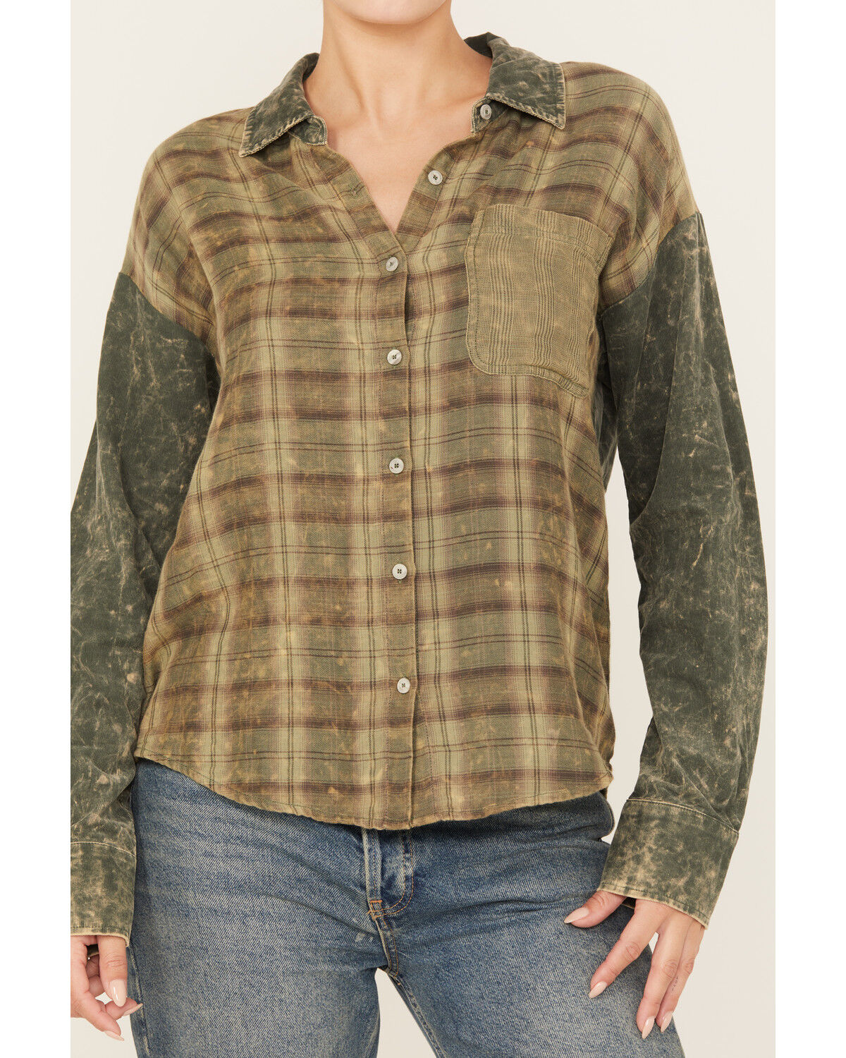 Image #3 - Mystree Women's Plaid Print Color Block Long Sleeve Button-Down Shirt, Green, hi-res