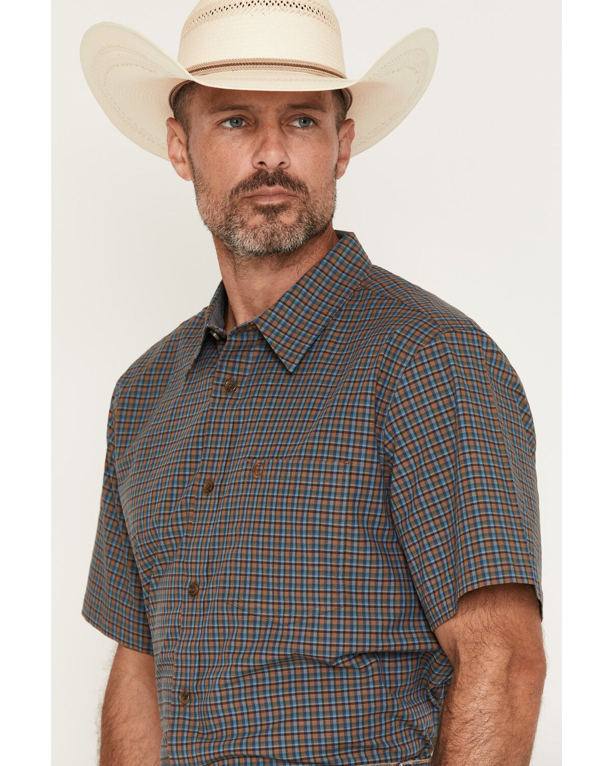 Image #2 - Cody James Men's Buster Plaid Print Short Sleeve Button-Down Stretch Western Shirt, Blue, hi-res