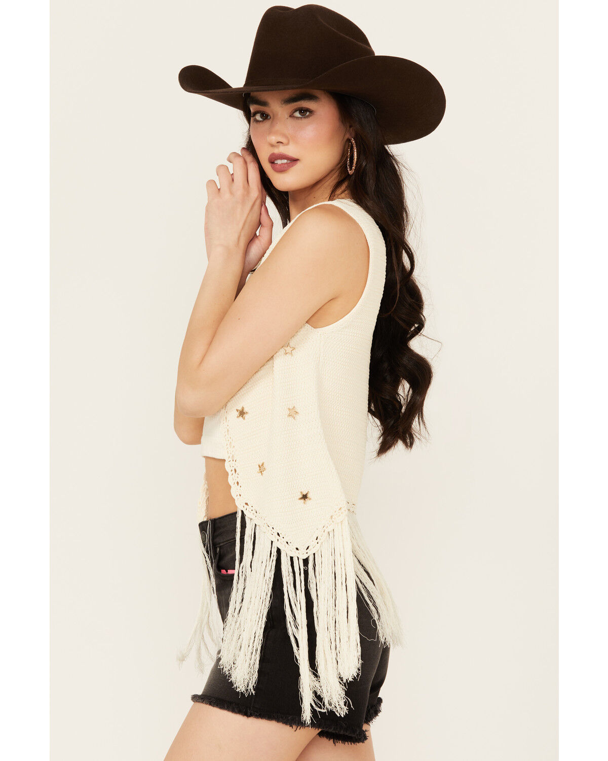 Image #1 - Blue B Women's Star Crochet Fringe Vest, Taupe, hi-res
