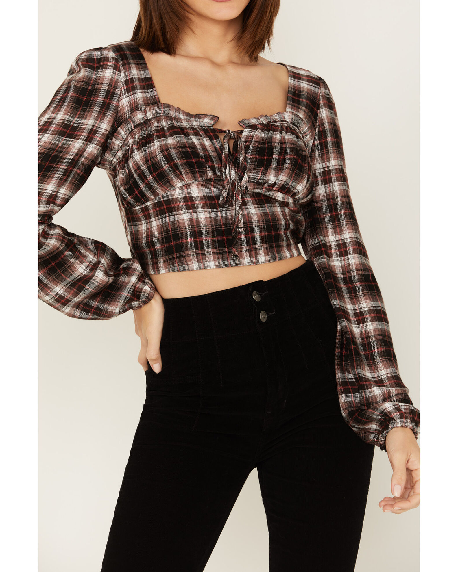 Image #3 - Wild Moss Women's Plaid Print Ruffle Tie Front Crop Top, Rust Copper, hi-res