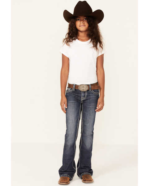 Rock & Roll Denim Girls' Medium Wash V-Pocket Stretch Bootcut Jeans , Blue, hi-res