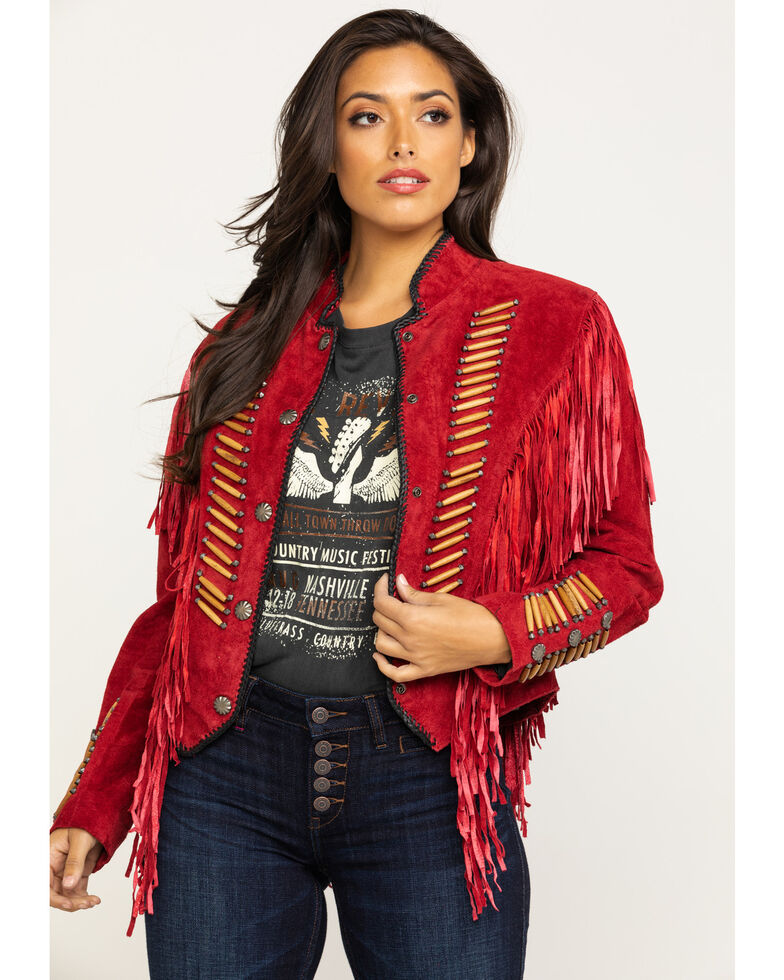 Cripple Creek Women S Red Beaded Suede Fringe Military Jacket