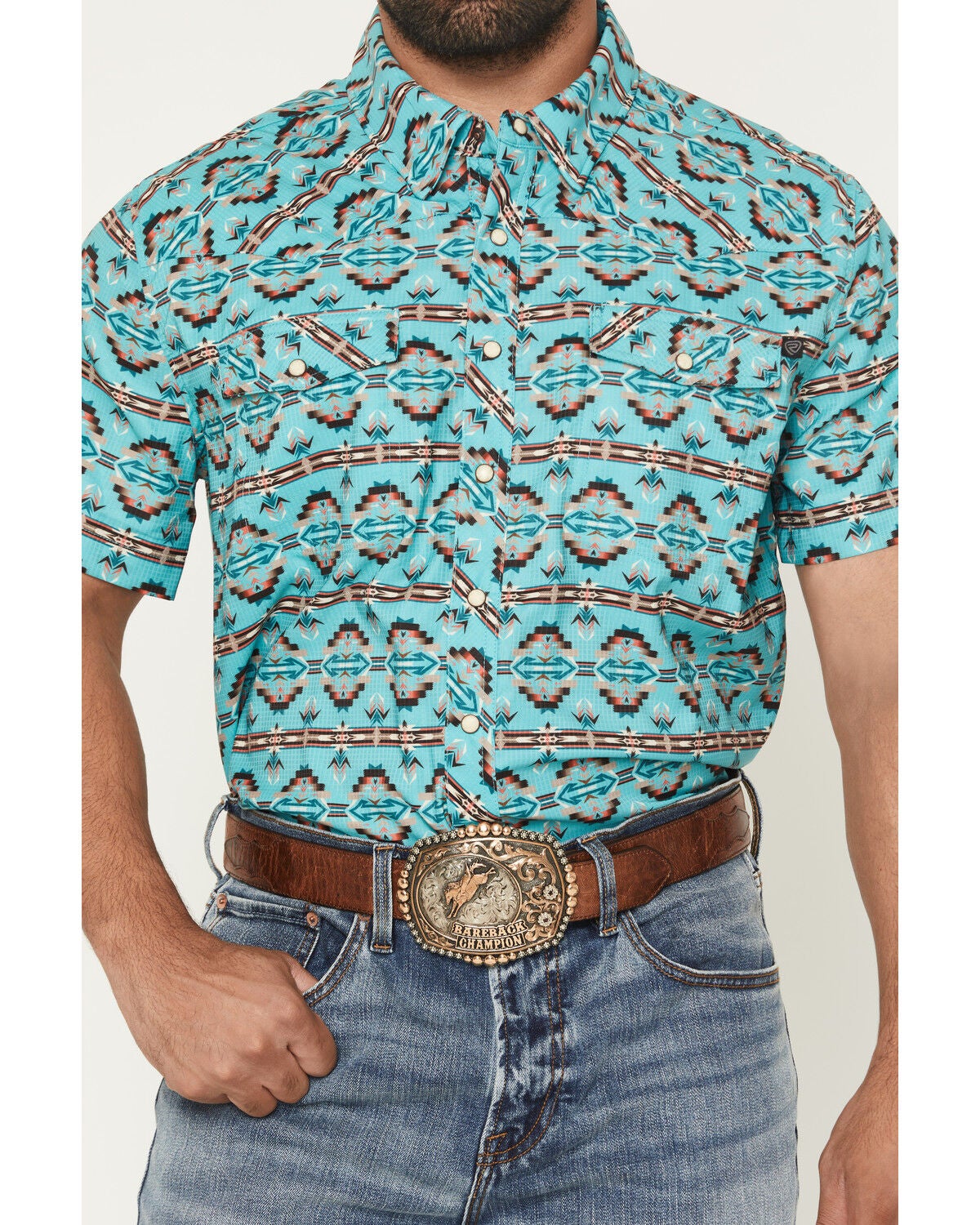 Image #3 - Rock & Roll Denim Men's TEK Southwestern Print Short Sleeve Snap Western Shirt, Turquoise, hi-res