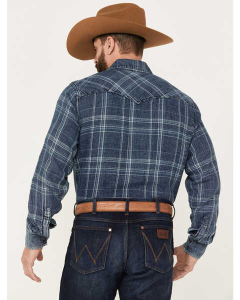 Image #4 - Wrangler Retro Men's Plaid Long Sleeve Western Snap Shirt, Indigo, hi-res