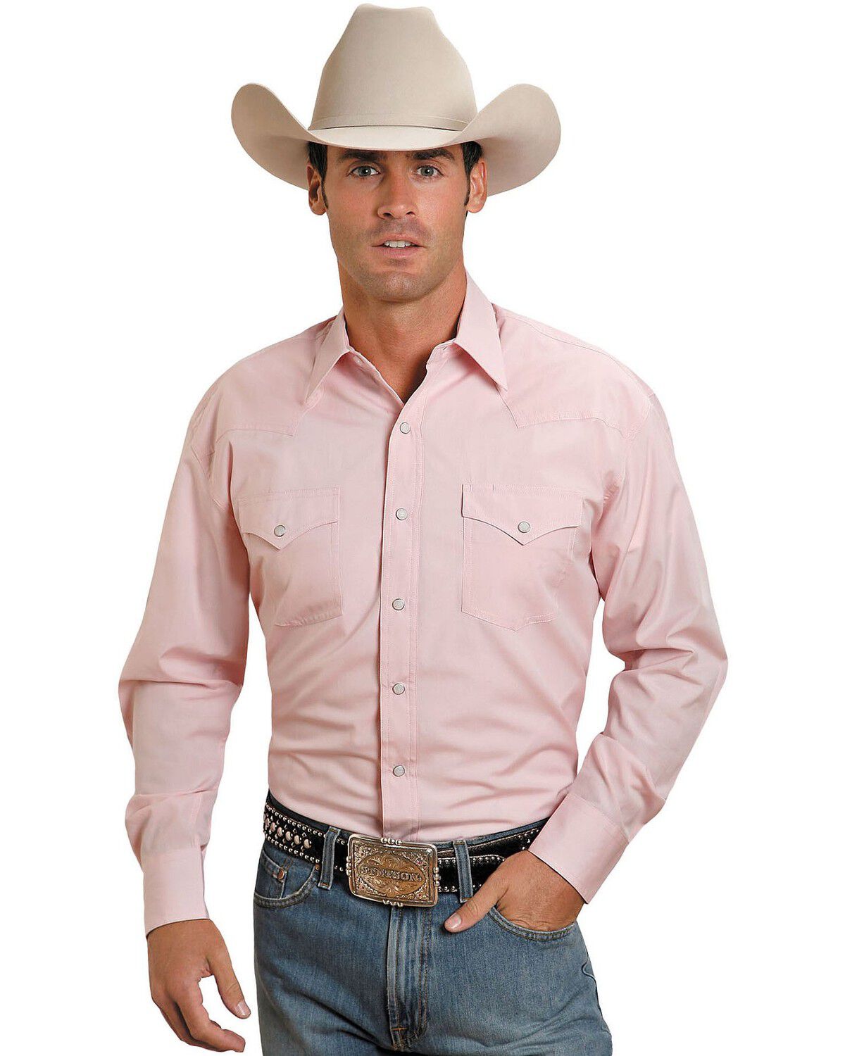 Stetson Men's Solid Oxford Long Sleeve Snap Western Shirt, Pink, hi-res