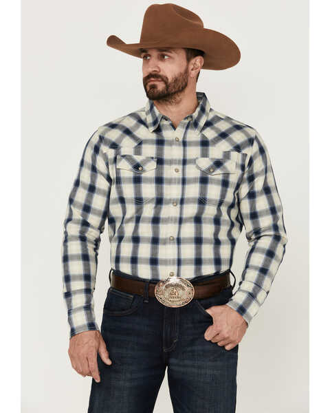 Blue Ranchwear Men's Plaid Print Long Sleeve Snap Western Work Shirt , Navy, hi-res