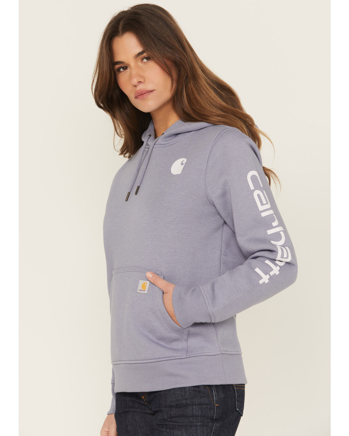 Image #2 - Carhartt Women's Relaxed Fit Midweight Logo Sleeve Graphic Hoodie, Lavender, hi-res