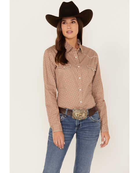 Image #1 - Rough Stock by Panhandle Women's Geo Print Long Sleeve Snap Western Shirt, Taupe, hi-res