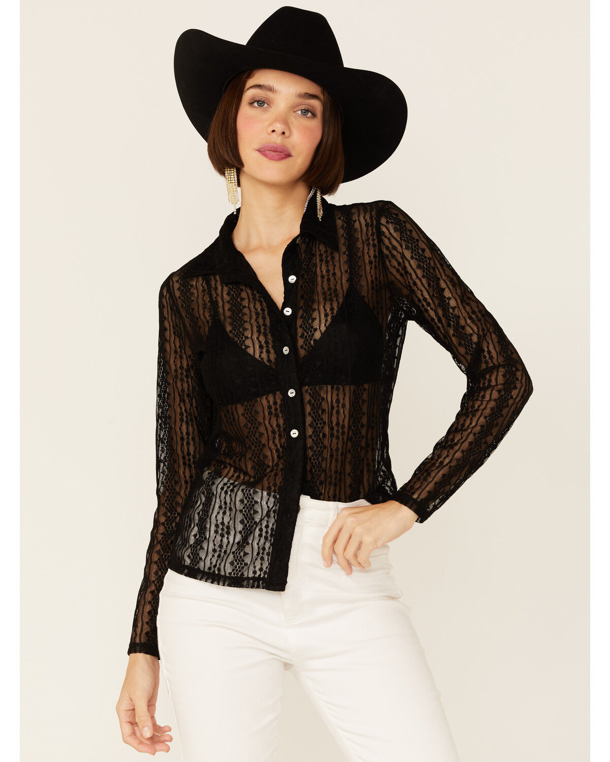 Image #1 - Wild Moss Women's Lace Button Front Sheer Long Sleeve Shirt, Black, hi-res