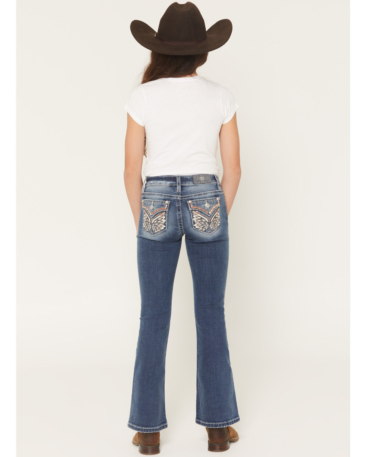 Image #1 - Miss Me Girls' Medium Wash Mid Rise Wing Pocket Bootcut Stretch Denim Jeans, Medium Wash, hi-res