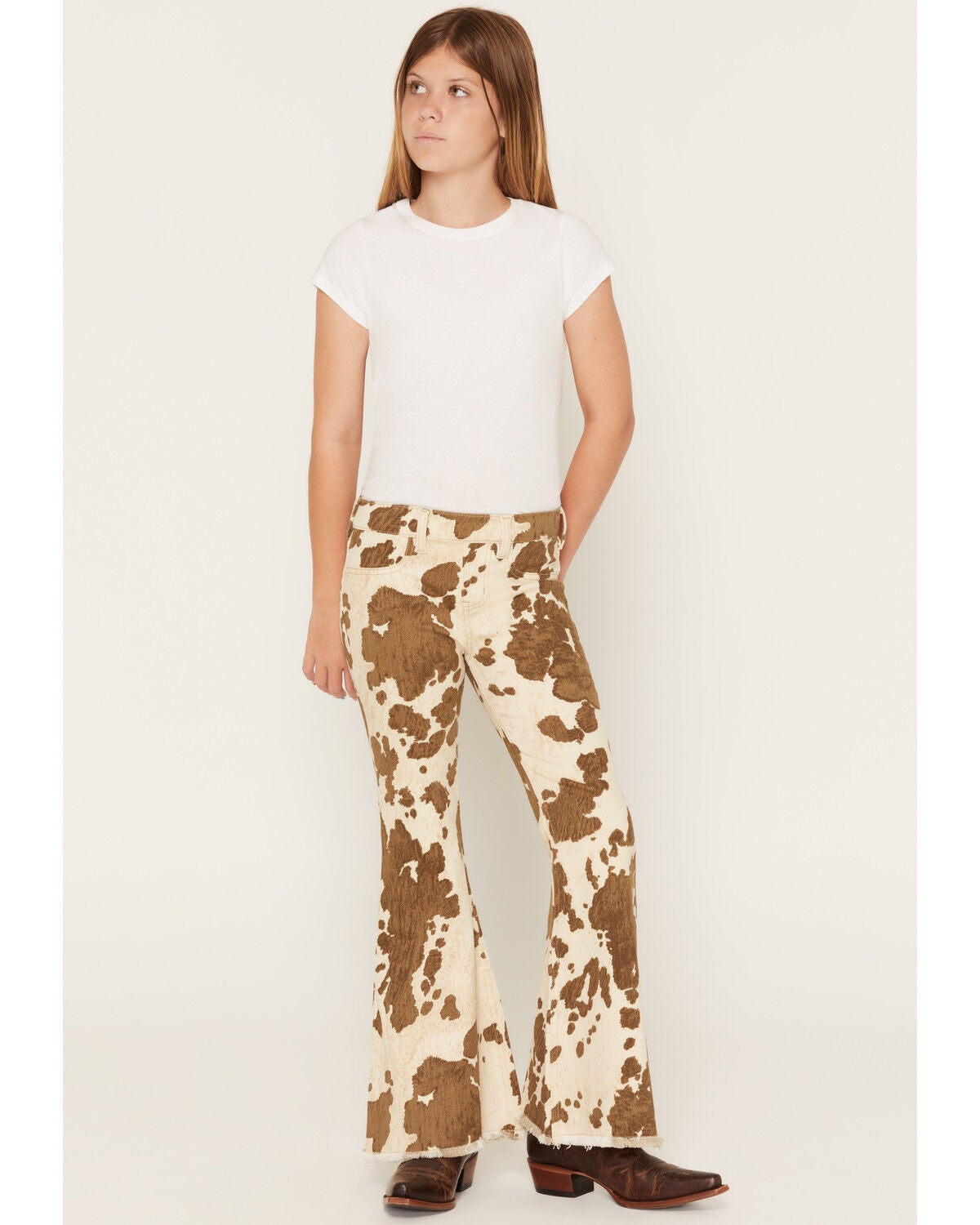 Shyanne Girls' Lacey Pony Print Print Pull-On Flare Denim Jeans, Cow Print, hi-res