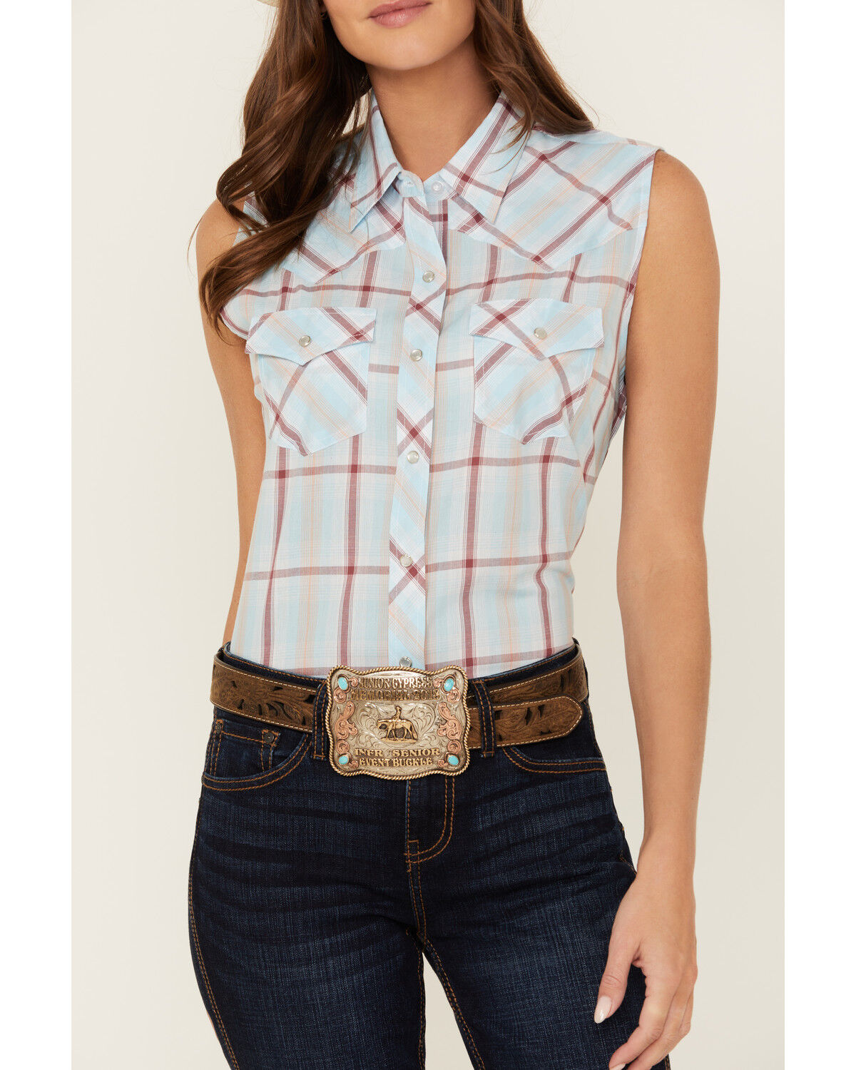 Image #3 - Ely Walker Women's Plaid Print Sleeveless Pearl Snap Western Shirt, Aqua, hi-res