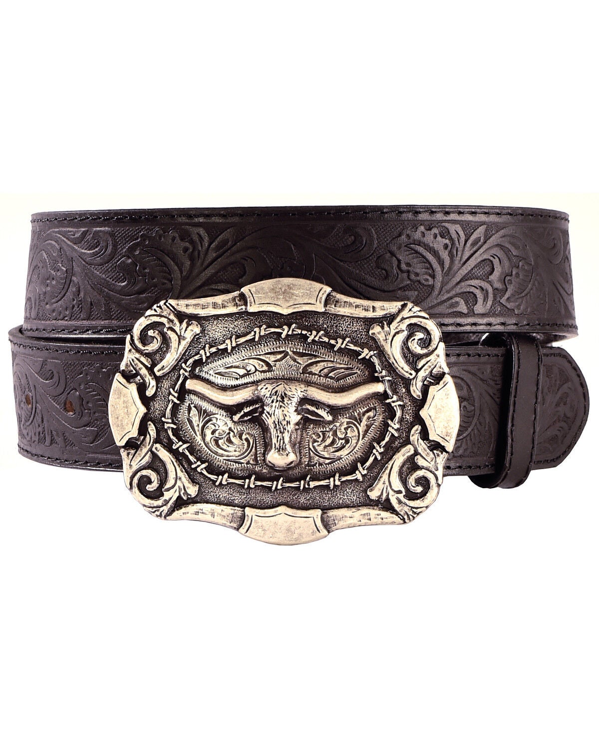 Cody James Men's Western Tooled Longhorn Belt, Black, hi-res