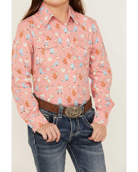 Image #3 - Panhandle Girls' Conversation Print Long Sleeve Pearl Snap Western Shirt, Pink, hi-res