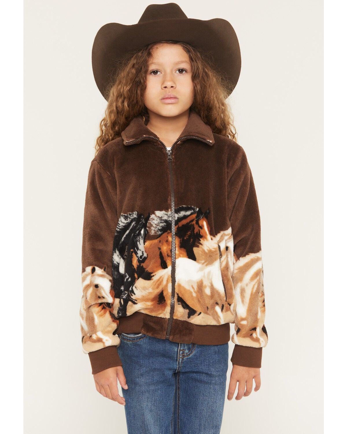 Image #1 - Rock & Roll Denim Girls' Horse Border Jacket, Brown, hi-res