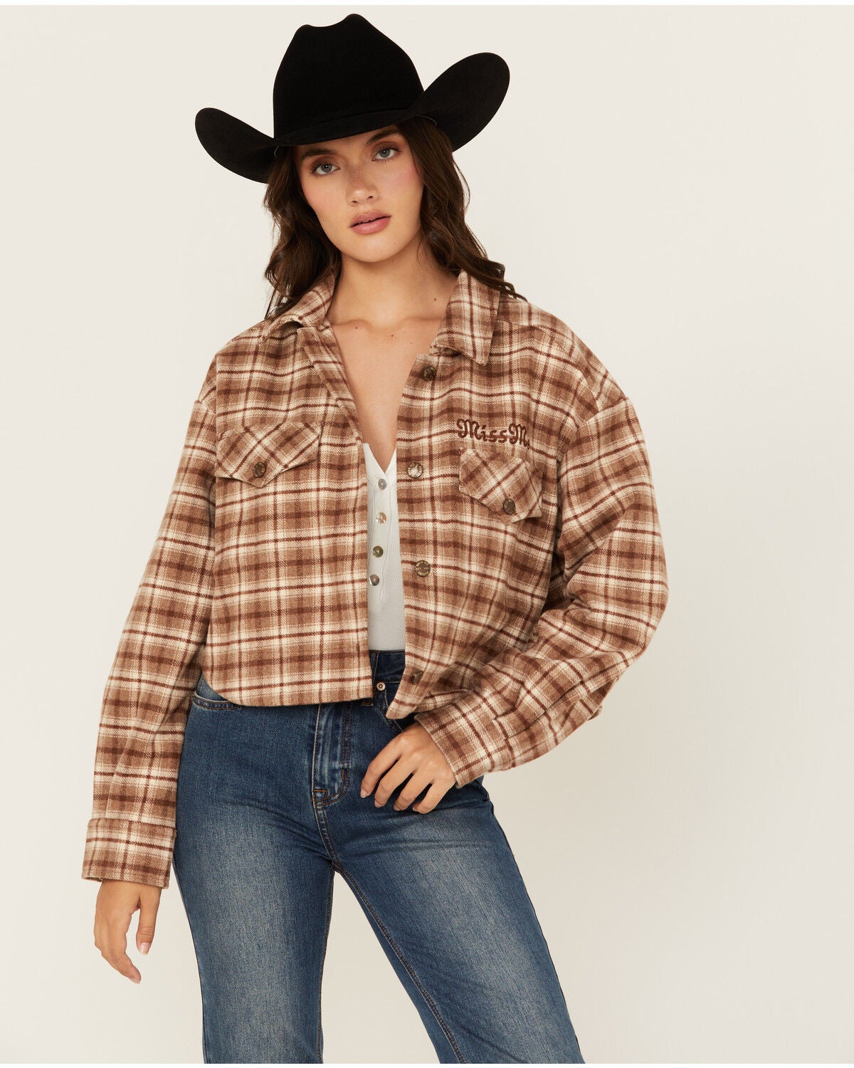Miss Me Women's Plaid Print Button-Down Cropped Shacket, Brown, hi-res