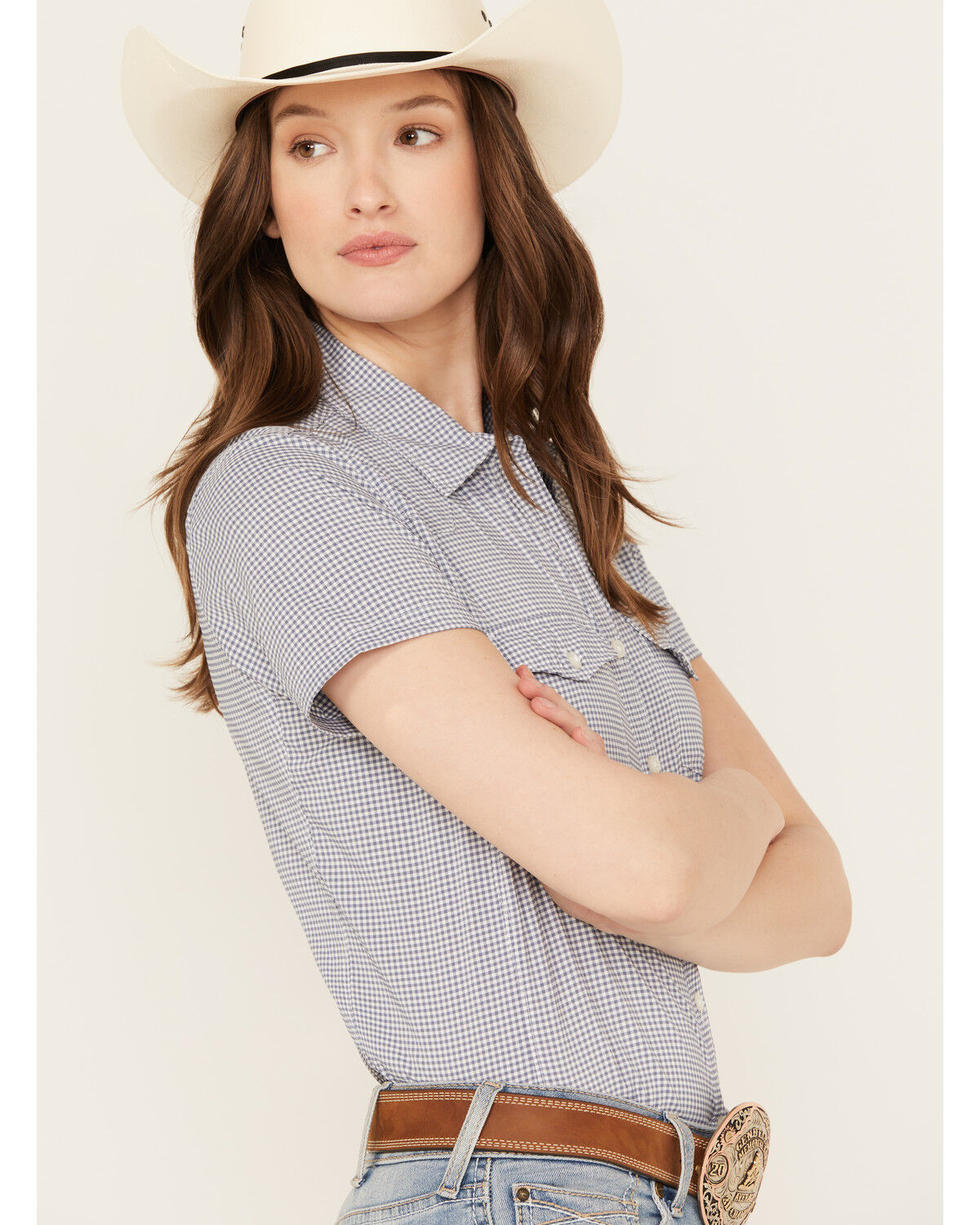 Image #2 - Ariat Women's Boot Barn Exclusive Gingham Print Short Sleeve Button-Down VentTEK Stretch Shirt, Blue/white, hi-res