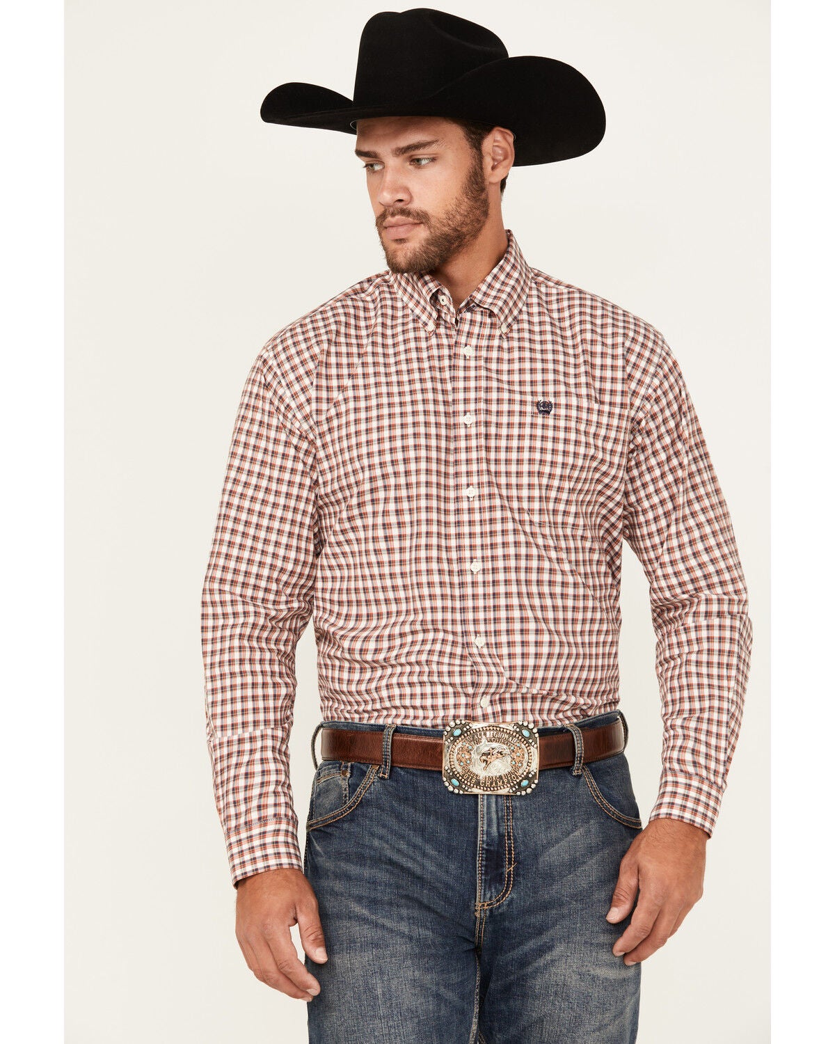 Image #1 - Cinch Men's Plaid Print Long Sleeve Button-Down Western Shirt, Cream, hi-res
