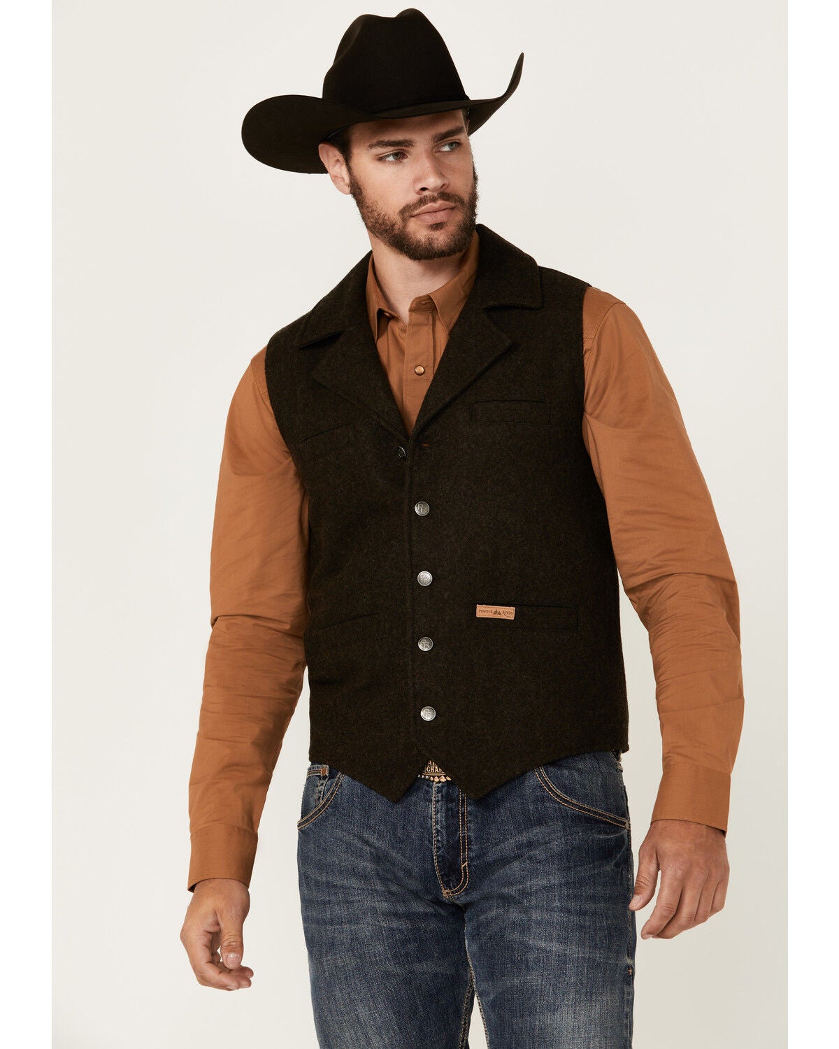 Powder River Outfitters Men's Wool Button-Down Vest, Dark Brown, hi-res