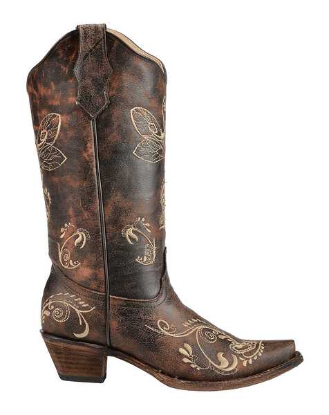 Image #2 - Circle G Women's Distressed Bone Dragonfly Embroidered Boots - Snip Toe, Brown, hi-res