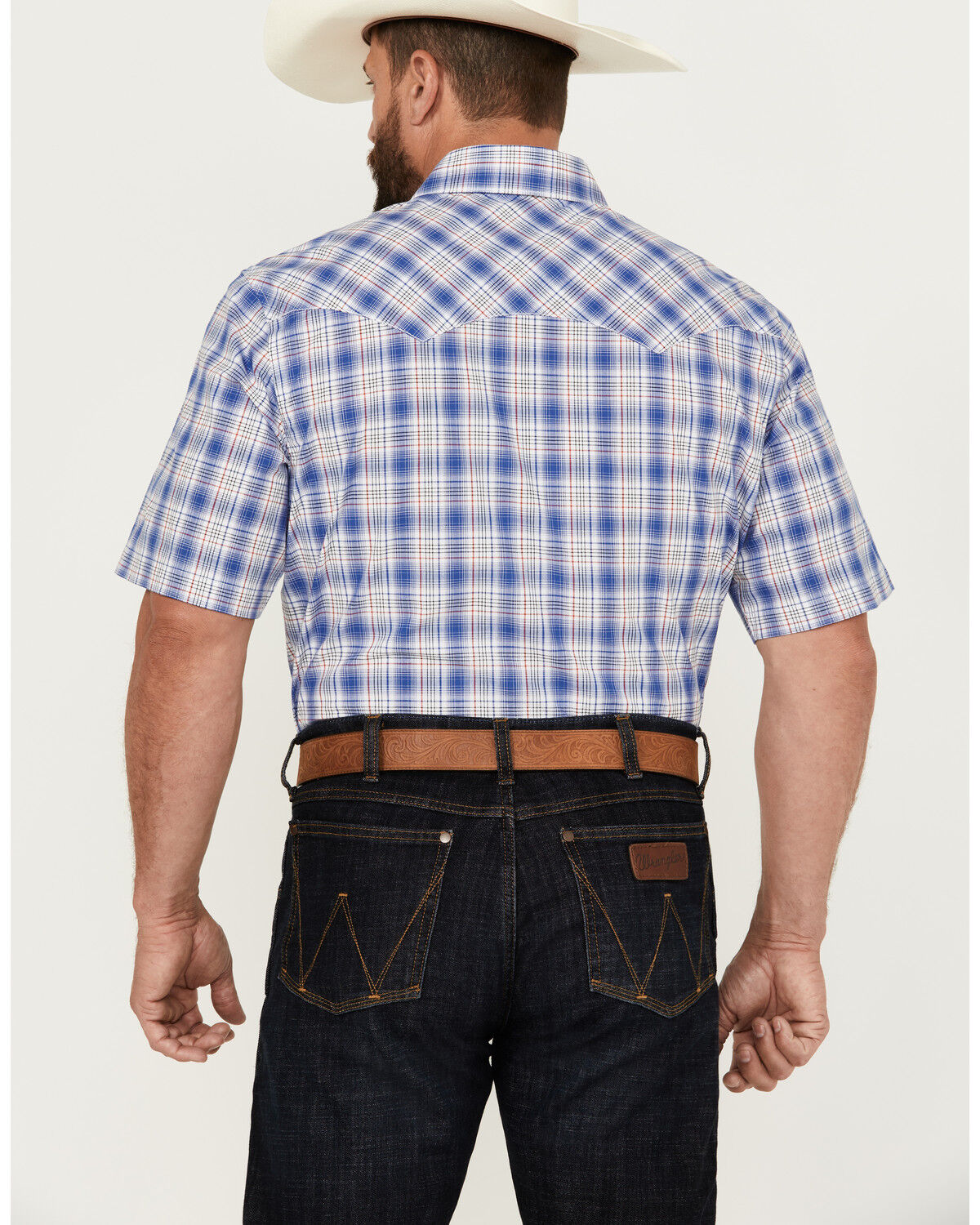 Image #4 - Wrangler Retro Men's Plaid Print Short Sleeve Pearl Snap Western Shirt, Blue, hi-res