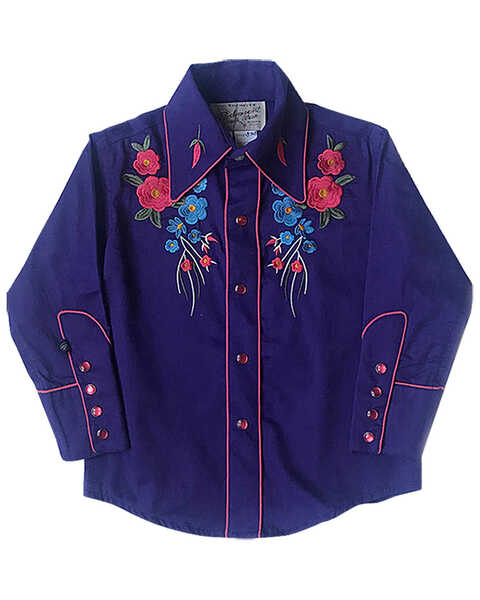 Rockmount Ranchwear Girls' Embroidered Floral Bouquet Purple Western Shirt, Purple, hi-res