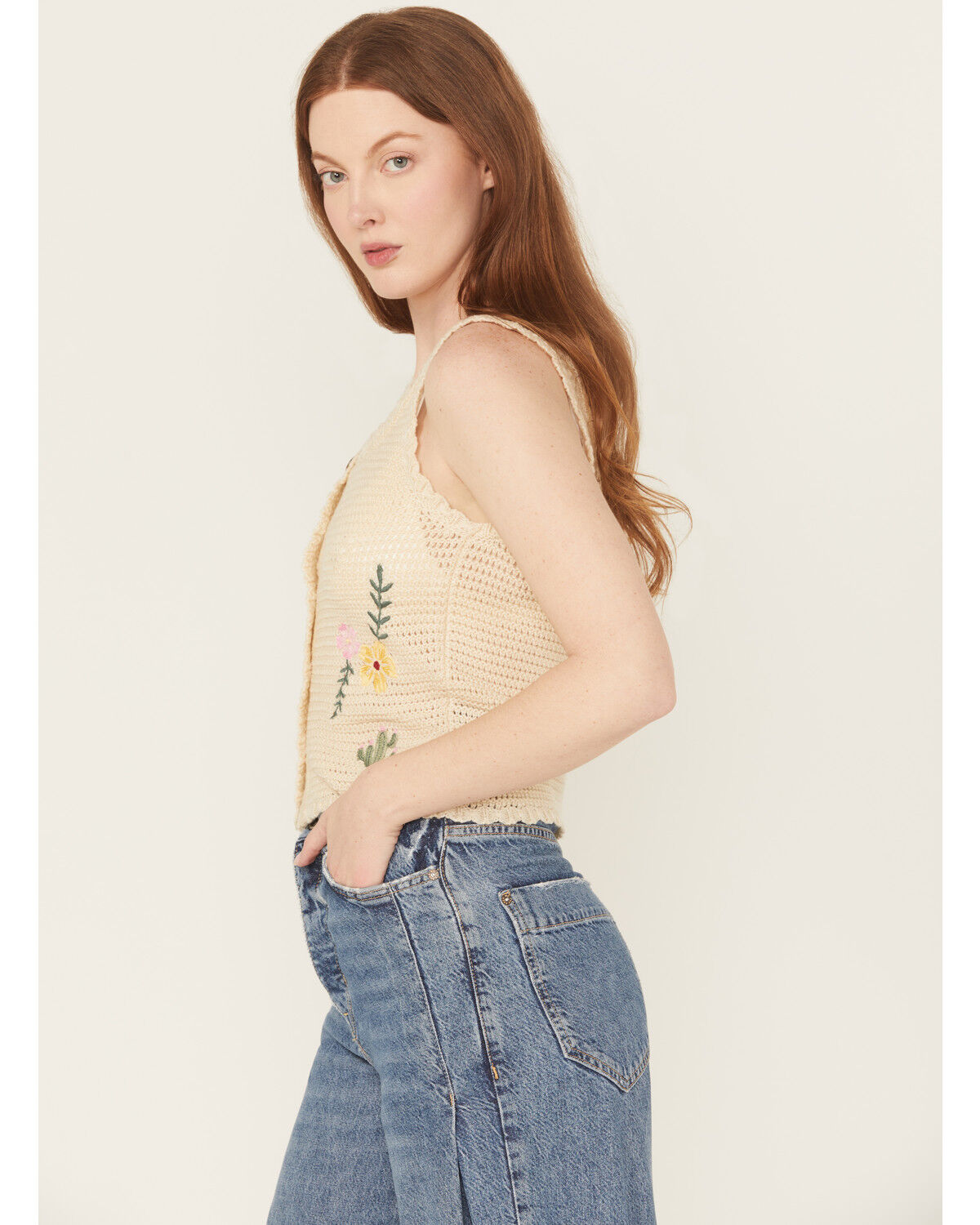 Image #2 - Rock & Roll Denim Women's Crochet Floral Tank, Natural, hi-res