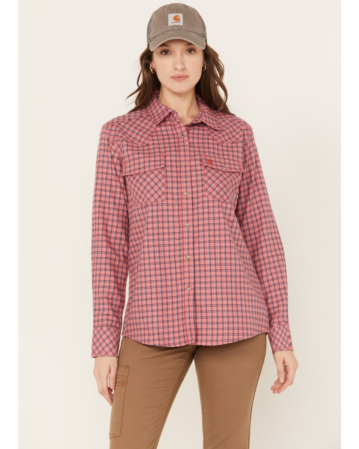 Image #1 - Ariat Women's Fire Resistant Plaid Print Long Sleeve Button Down Work Shirt, Dark Pink, hi-res