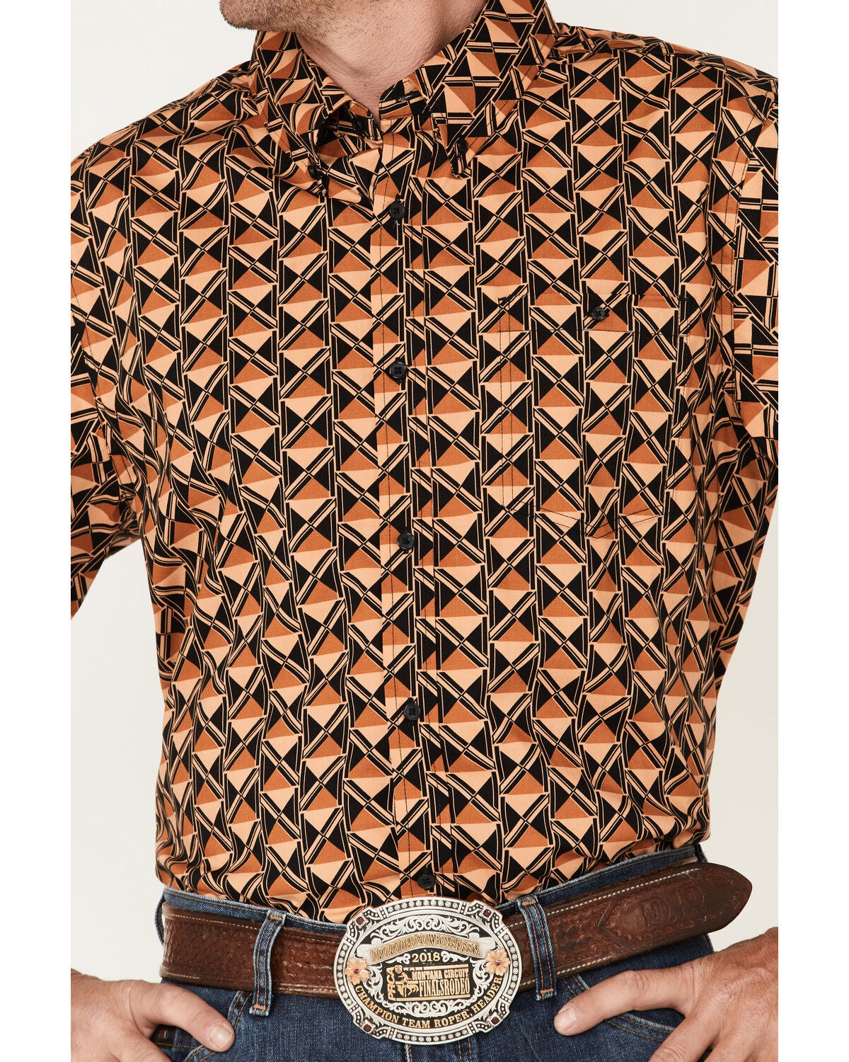Image #3 - RANK 45&reg; Men's Chisel Geo Print Short Sleeve Button-Down Western Shirt, Brown, hi-res