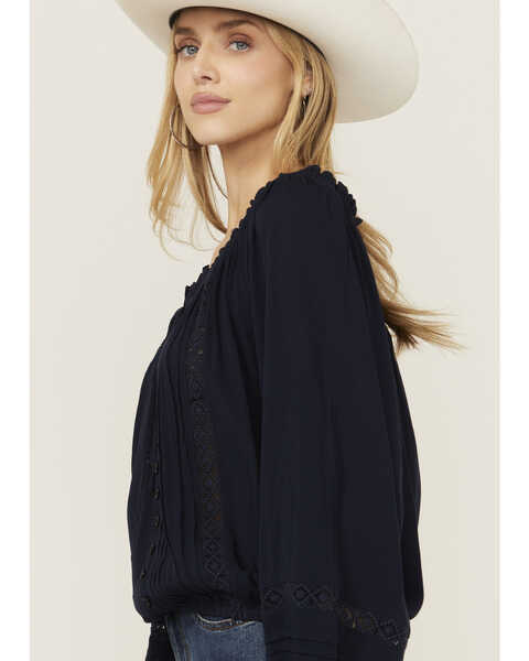 Image #2 - Wild Moss Women's Lace Detail Peasant Top, Navy, hi-res