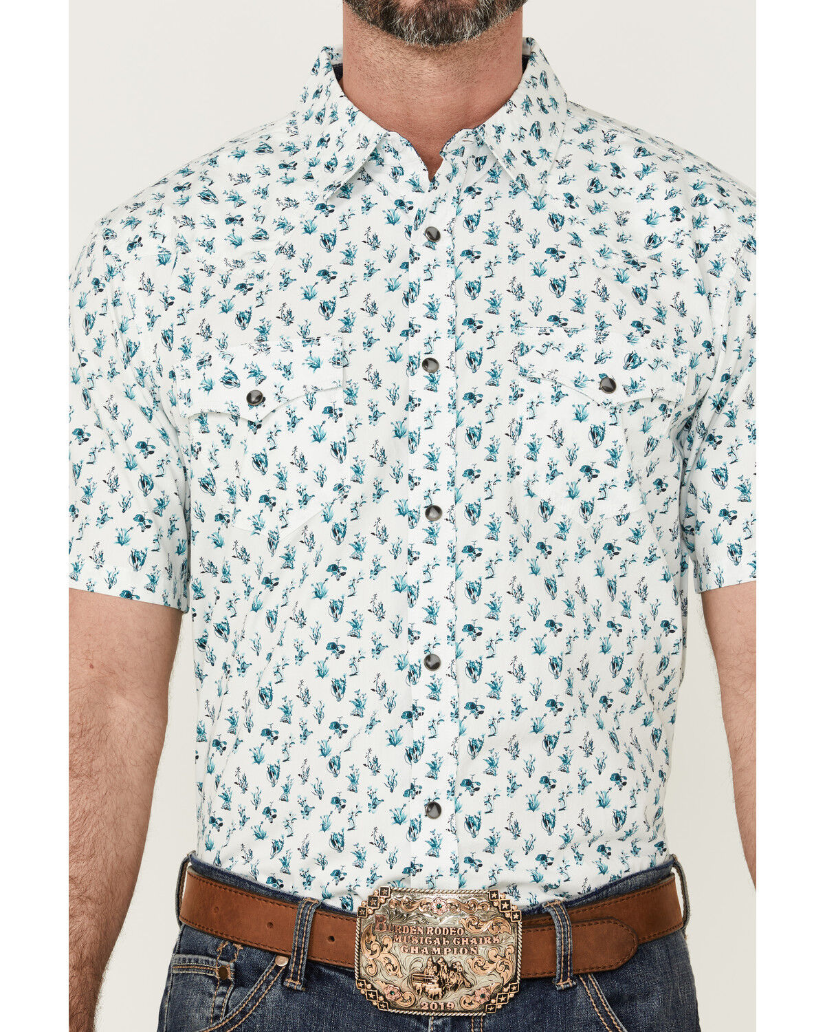 Image #3 - Moonshine Spirit Men's Blue Agave Floral Print Short Sleeve Snap Western Shirt, White, hi-res