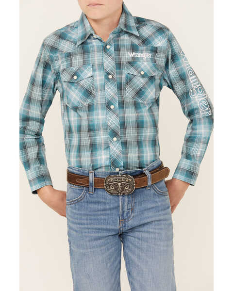 Image #3 - Wrangler Boys' Plaid Print Logo Long Sleeve Snap Western Shirt, Blue, hi-res