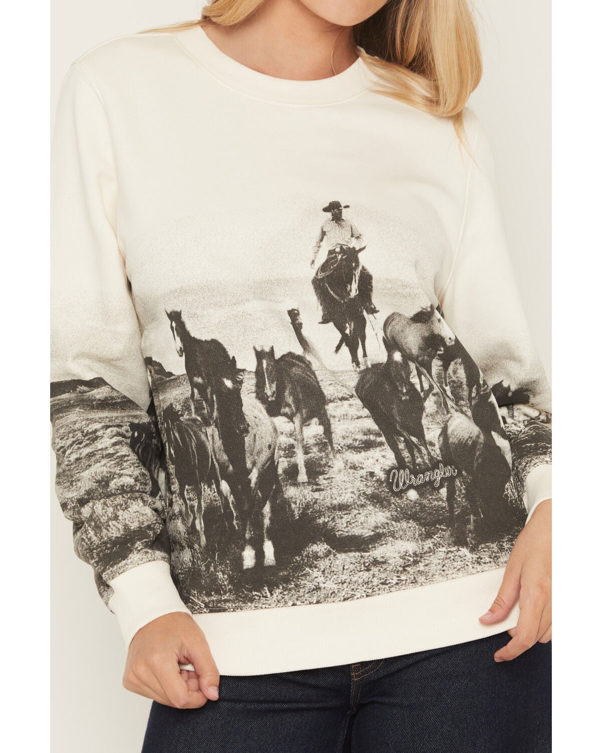 Image #3 - Wrangler Retro Women's Running Horses Graphic Crewneck, White, hi-res
