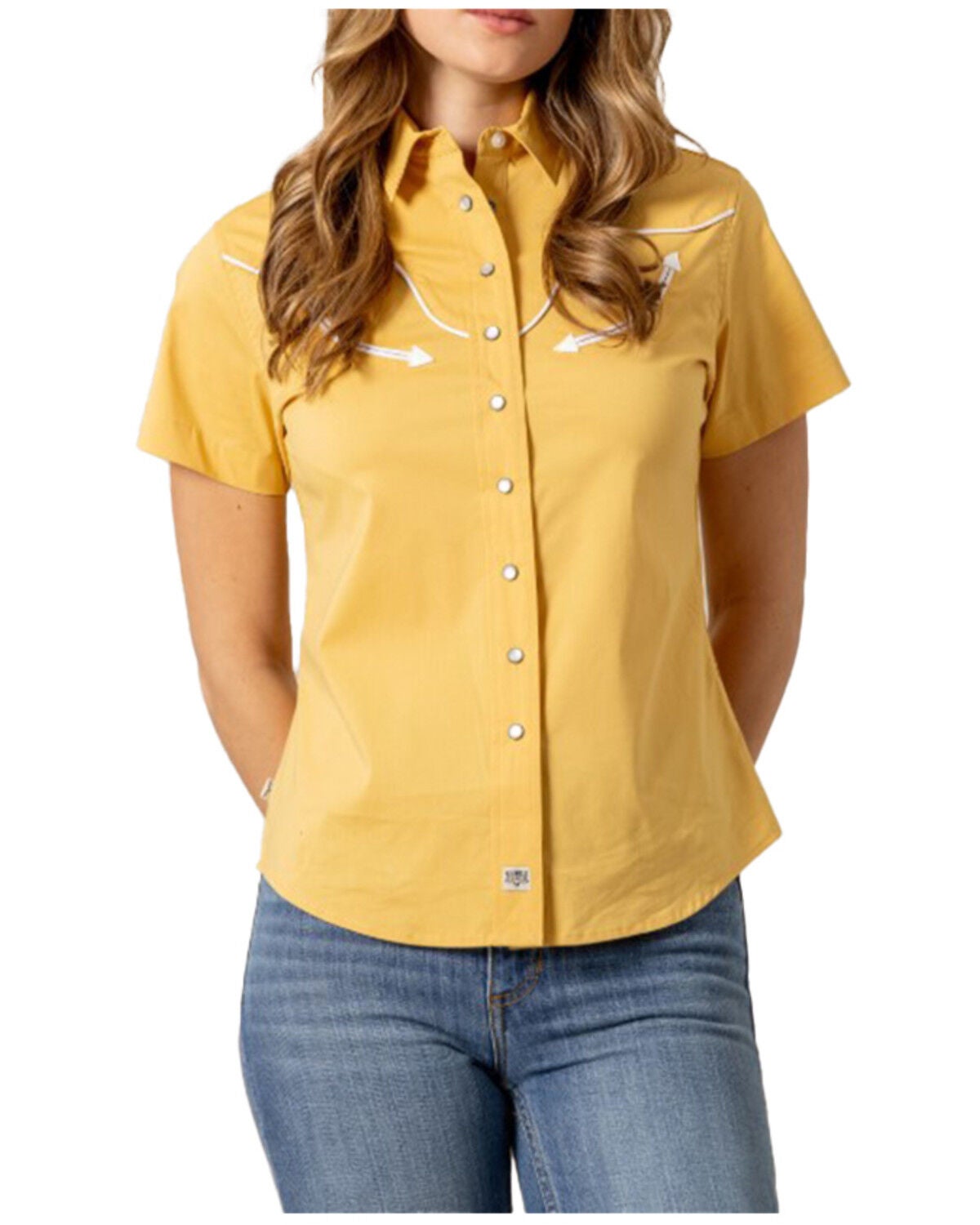 Image #1 - Kimes Ranch Women's Long Horn Short Sleeve Pearl Snap Western Shirt, Gold, hi-res