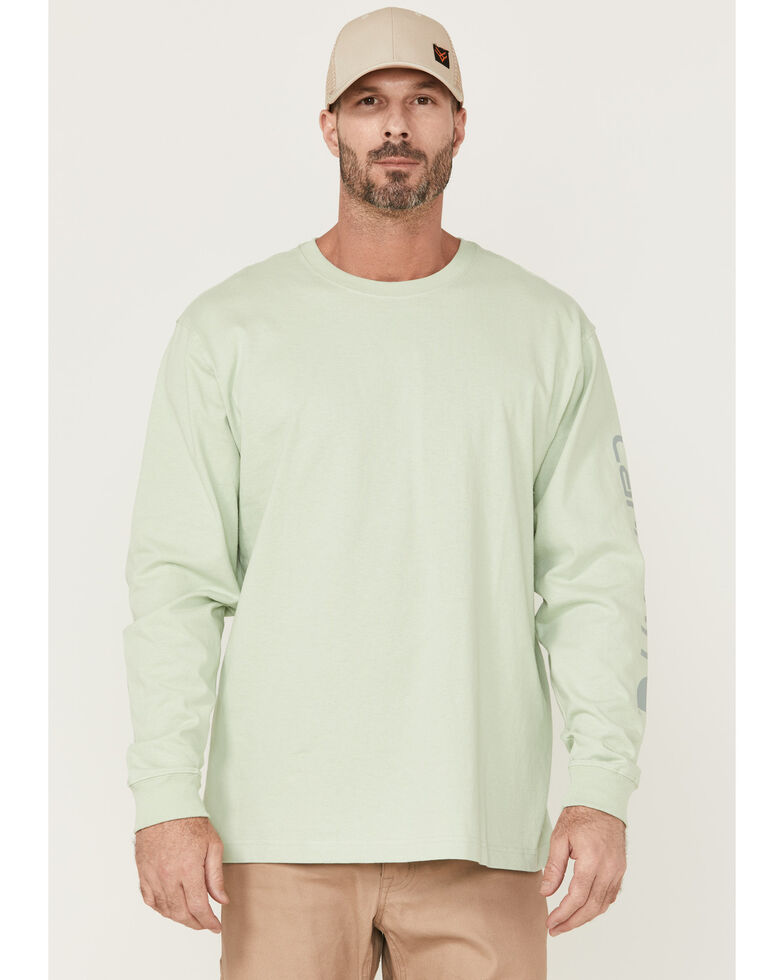 Carhartt Men's Soft Green Loose Heavyweight Logo Long Sleeve Work T-Shirt , Light Green, hi-res