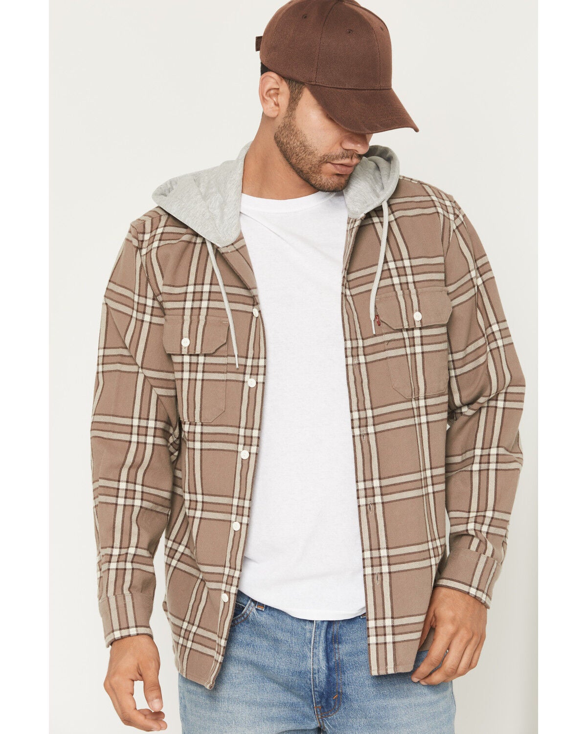 Levi's Men's Reeve Plaid Print Long Sleeve Button-Down Hooded Flannel Shirt, Tan, hi-res