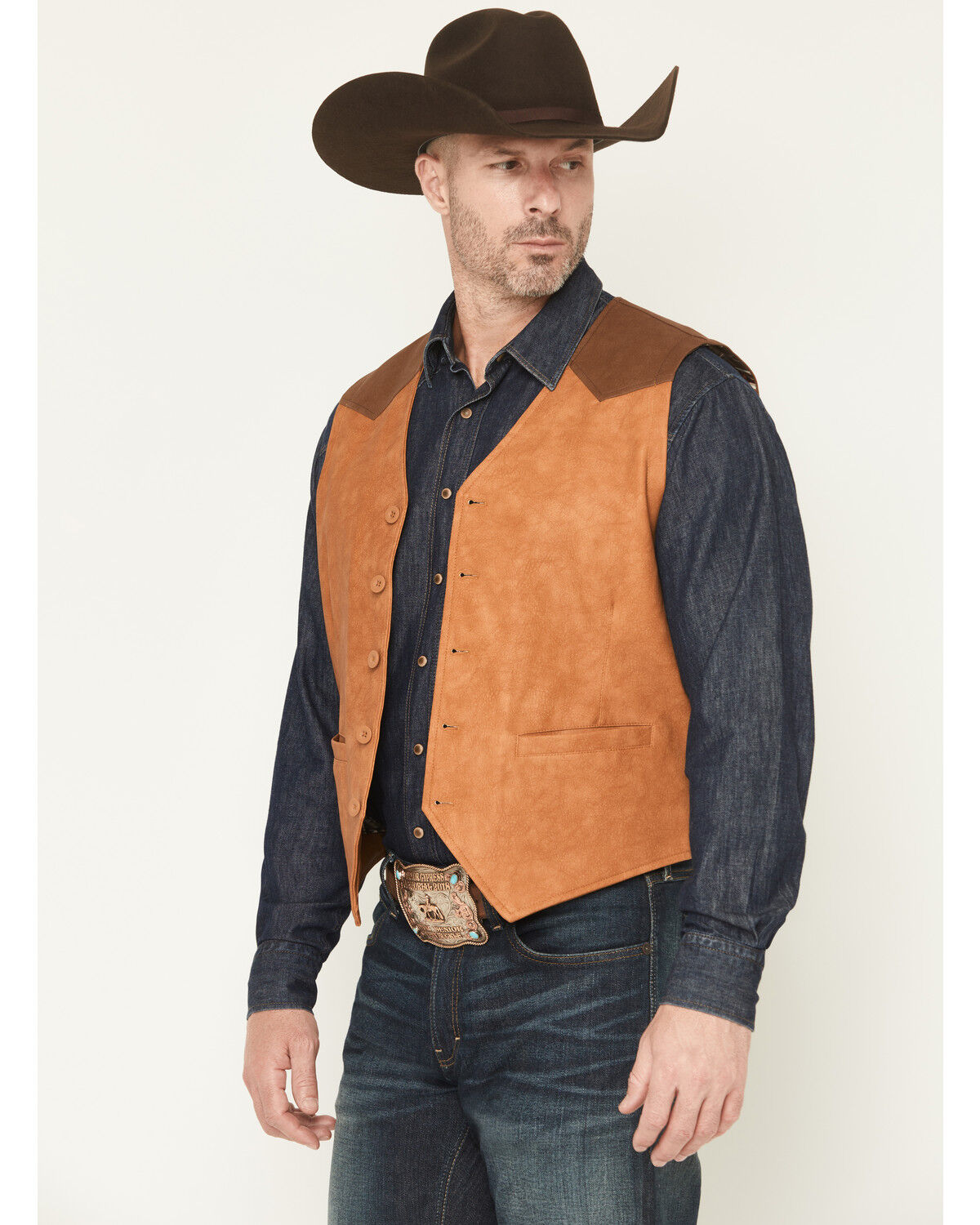 Image #2 - Cody James Men's Buckaroo Colorblock Faux Leather Button-Down Vest, Tan, hi-res