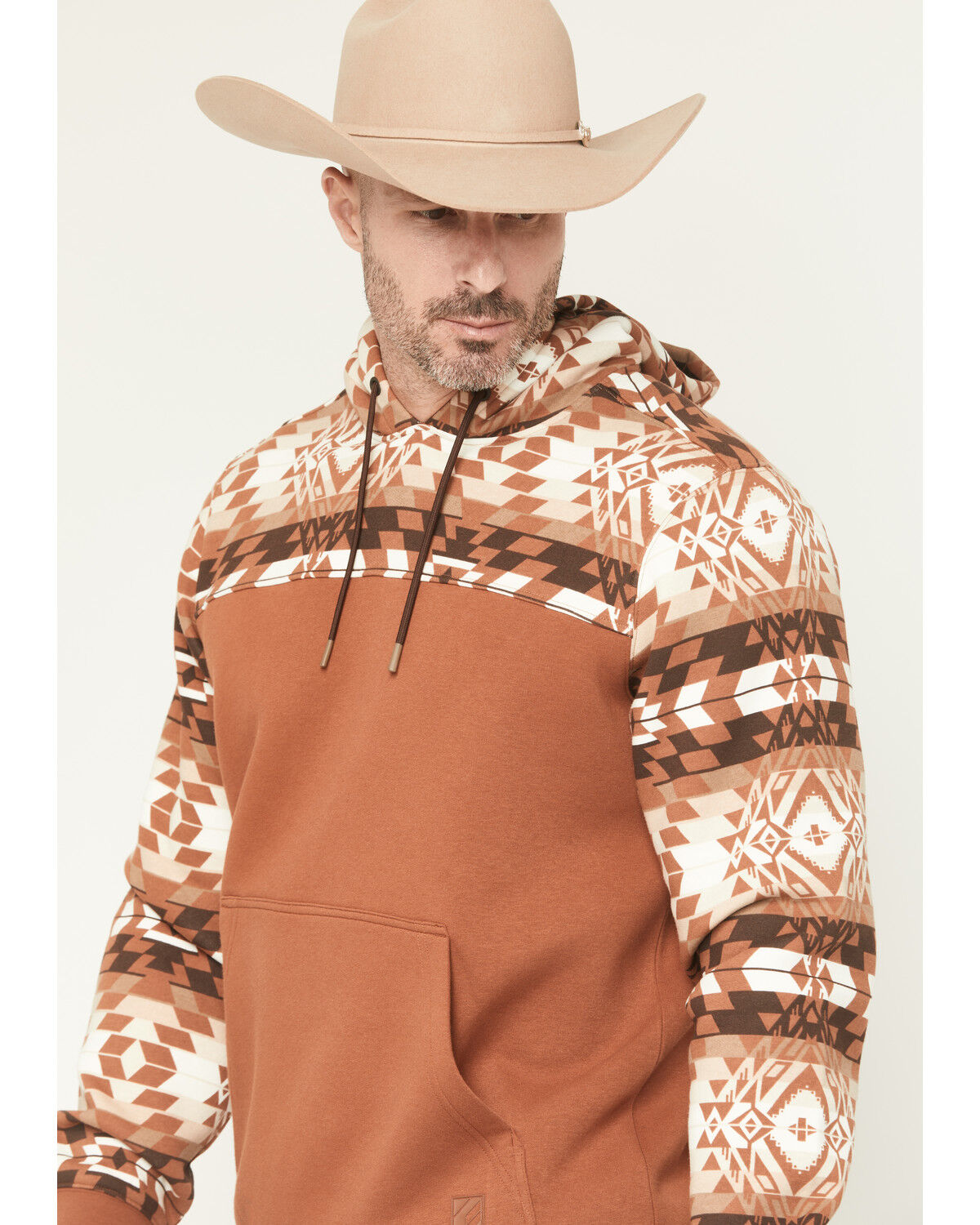 Image #2 - RANK 45® Men's Dusted Southwestern Print Color Block Hooded Sweatshirt, Cognac, hi-res