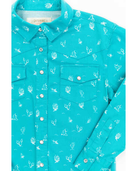Shyanne Toddler Girls' Cactus Print Long Sleeve Western Snap Shirt, Turquoise, hi-res