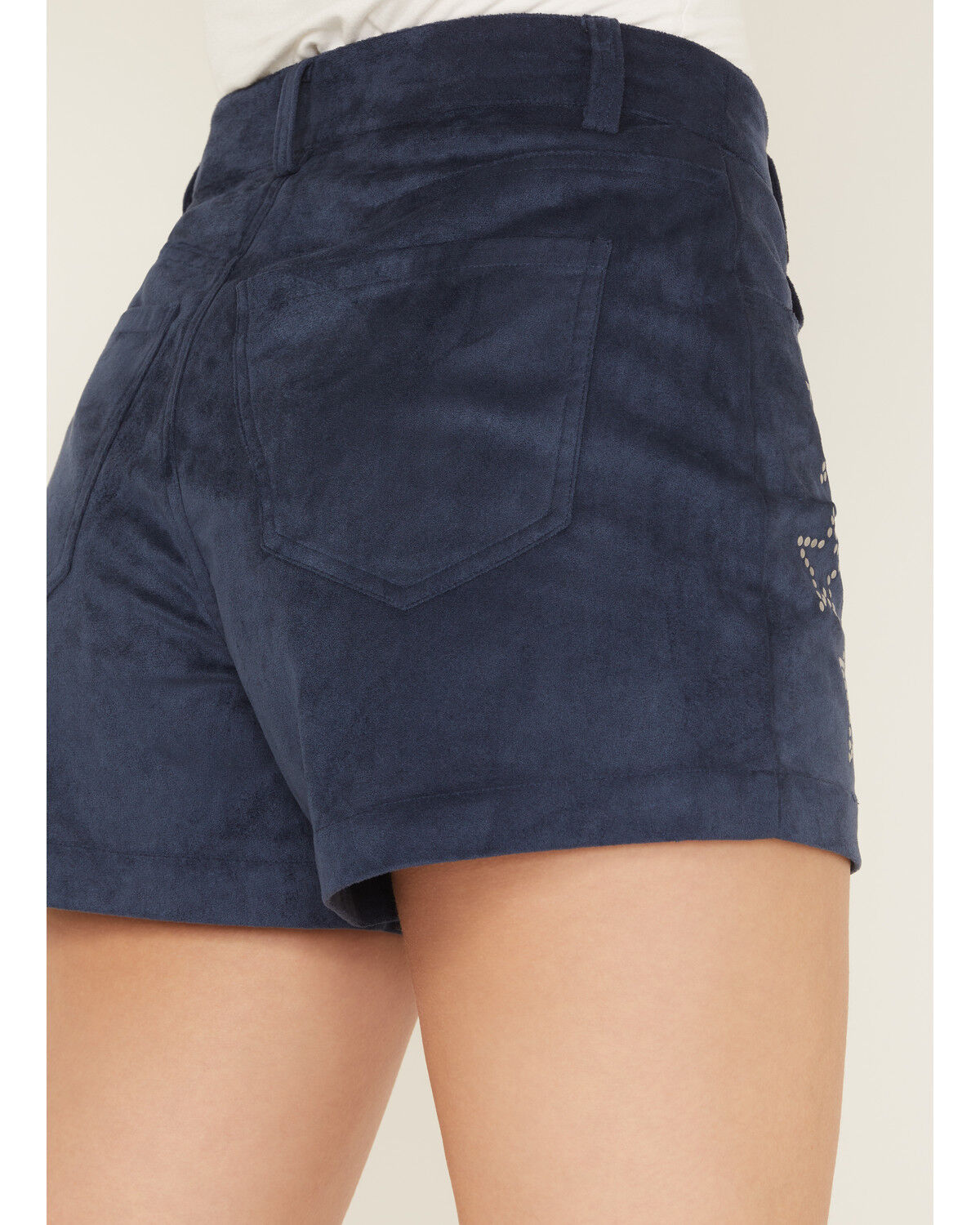 Image #4 - Rock & Roll Denim Women's High Rise Star Studded Microsuede Shorts, Navy, hi-res